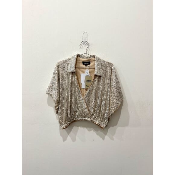 NWT AaKaa Sequin Plunging Wrap V-Neck Cropped Blouse Champagne Women's Medium - Picture 1 of 5